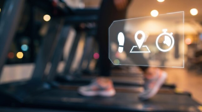 Fitness Performance Tracking: Smart Workout Step Counter, Distance Location Pin Mapping, and Gym Exercise Stopwatch Timer Interface Using Luminous Wearable Tech Hologram UI for Running Analytics