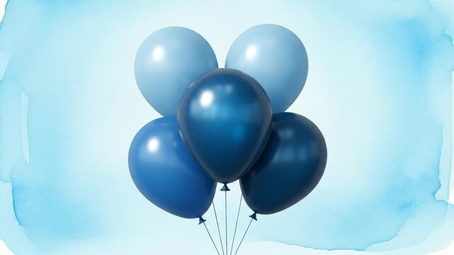 Five blue balloons floating against a light blue watercolor background
