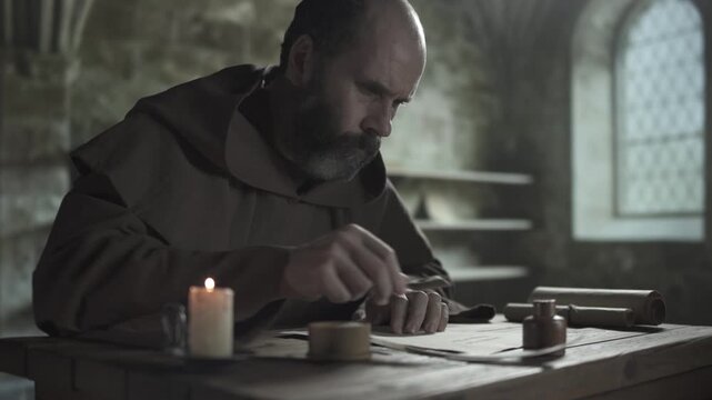 Medieval monk in a brown habit with a scoop sprinkling ink drying sand onto two calligraphy lines on a parchment sheet next to a burning candle, inside a dark scriptorium, medium shot