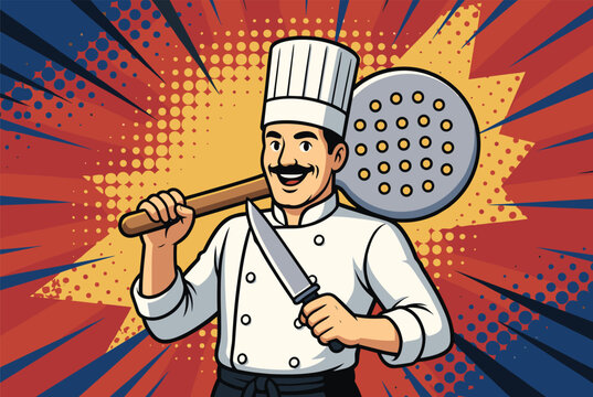 Joyful chef wearing a white uniform and tall hat holds a large kitchen skimmer and a sharp knife against a starburst backdrop.