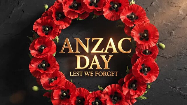 Red poppy wreath with "Anzac Day Lest We Forget" text, symbolizing remembrance and sacrifice.