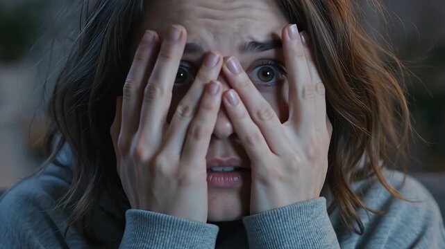 Scared young woman sitting on a sofa watching a terrifying horror movie on television at night