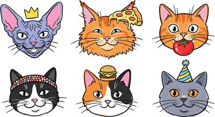 Naklejka premium Funny Cat Face Sticker Set with Crown, Pizza Slice, Burger, Party Hat, and Tomato Cartoon Vector Illustration Design