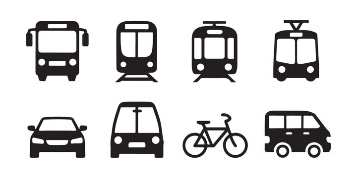 Flat transportation vector symbols featuring bus train tram car van and bike for transit systems.