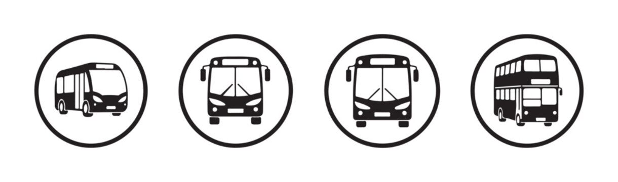 Circular public bus icons featuring shuttle bus front view and double decker coach silhouettes.