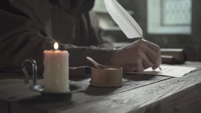 Close up of a wooden pounce pot on a rustic table against a blurred background of a medieval monk writing and sprinkling sand with a small scoop on parchment inside a scriptorium