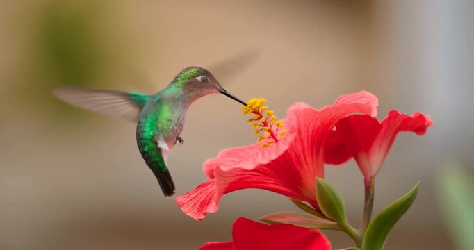 Tiny hummingbird feeding nectar from bright red hibiscus flower with blurred green background motion.