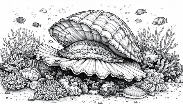 Large open clam shell on a detailed coral reef.