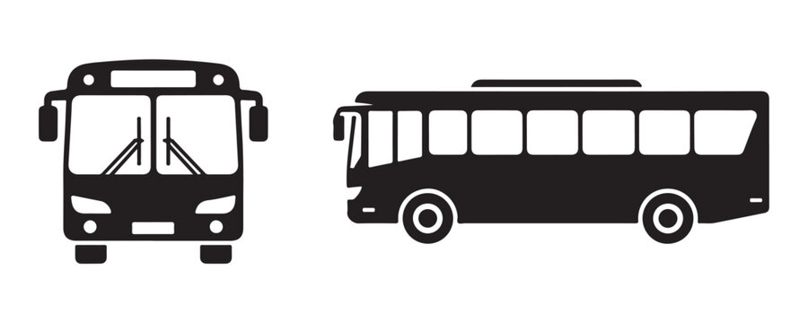 City bus front and side view vehicle icons for transit branding isolated on transparent background.