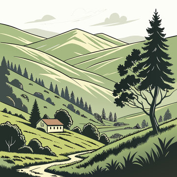 A serene mountain landscape featuring rolling green hills, a small house, a winding path, and a tall pine tree in the foreground