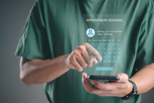Man using a smartphone with a futuristic holographic calendar UI to book a medical appointment online. Concept of telemedicine, digital healthcare technology, and virtual doctor scheduling app.