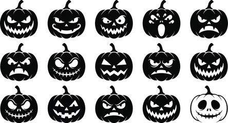 Obraz premium Set of black silhouette scary halloween pumpkins with spooky faces and evil expressions