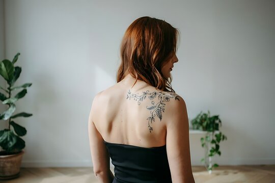 Woman with a delicate floral tattoo on her shoulder
