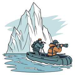 Two photographers in a rubber boat taking of a large iceberg in the ocean, of arctic expedition © shahin10