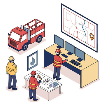 Fire department command center with a red fire truck, personnel, and computer monitors, isometric on a white background