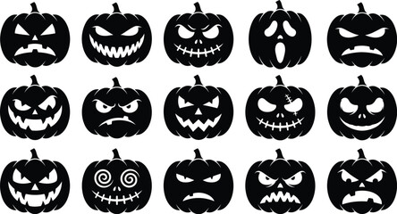 Obraz premium Set of black scary halloween pumpkin jack o lantern faces with different spooky expressions