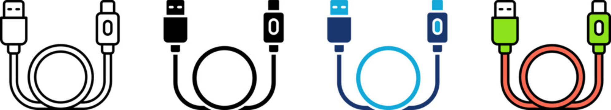 USB cable icon set showing professional Type-C to Type-A wire adapter for electronic device charger computer data transfer and hardware connection management
