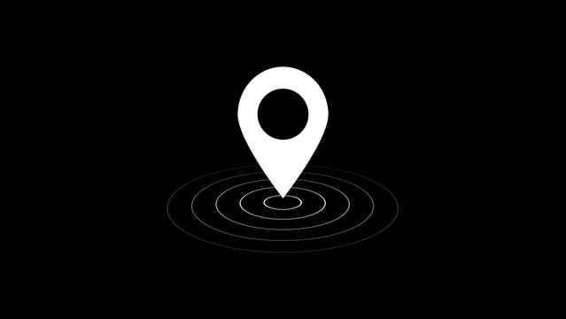 White location pin with concentric circle signal waves on dark black background.