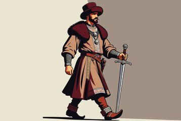 Obraz premium Historical man dressed in medieval renaissance attire with a fur collar and hat walks while leaning on a long metal sword.