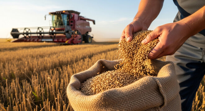 Farmer hands pouring fresh wheat grain into burlap sack with combine harvester working in field at sunset