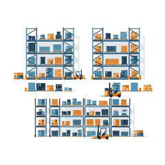Obraz premium Warehouse Logistics Illustration: Shelves, Boxes, Pallets, and Forklifts