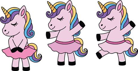 Cute cartoon unicorn ballerina set featuring three magical pink characters dancing in tutus with rainbow manes © Mucha