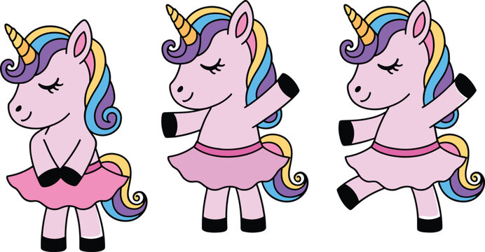 Cute cartoon unicorn ballerina set featuring three magical pink characters dancing in tutus with rainbow manes