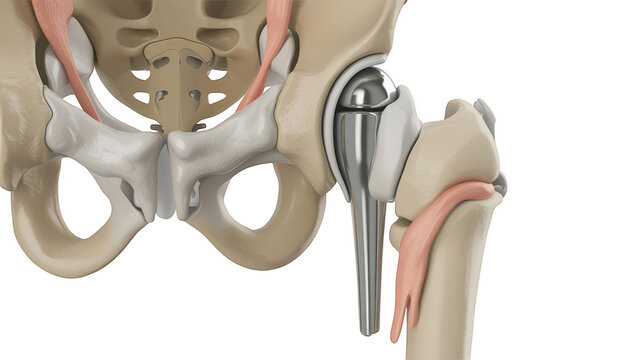 3d medical illustration of a human hip joint replacement isolated on transparent background