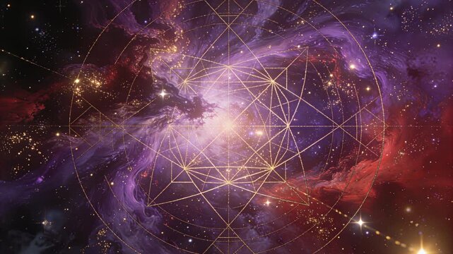 Golden geometric pattern representing universal order and spirituality against expanding cosmic dust fields and stars.