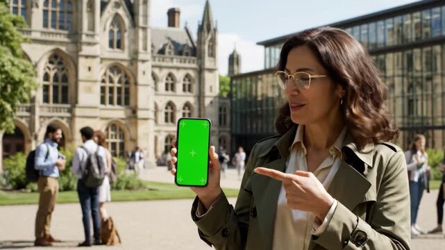 Woman pointing at a smartphone with a green screen in front of a university building, showcasing modern technology in an academic setting.