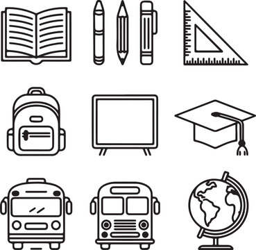 Variety of essential school and education themed outline icons for student projects and classroom activities