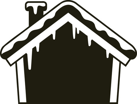 Snowy house roof with icicles and chimney top view