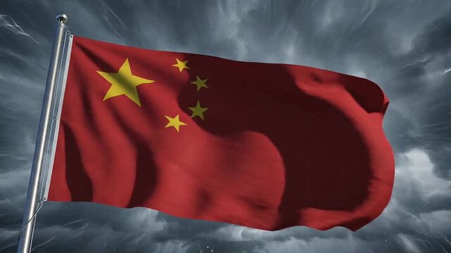 Vibrant national flag waves proudly against a dramatic, cloudy sky.