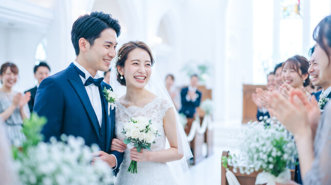 チャペルで祝福される笑顔の新郎新婦　結婚式とブライダルセレモニー