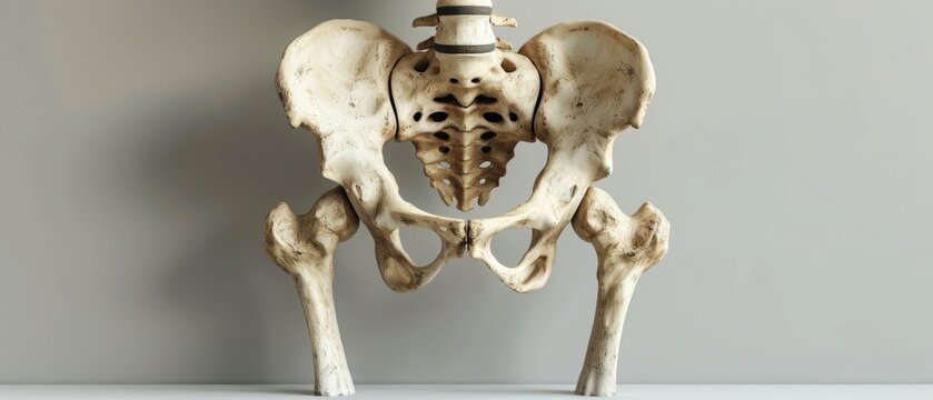 A detailed human pelvic bone skeleton displayed against a neutral background, highlighting anatomical structure and bone texture.