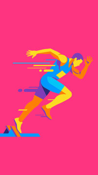Male sprinter launching off starting blocks on a vibrant pink background representing speed and determination. For track and field competitions and motivational athletic posters.