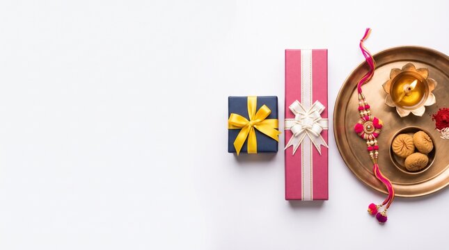 Top view of traditional Raksha Bandhan puja thali with a beautiful pink rakhi, burning brass diya, sweets, and elegant gift boxes on a clean white background with copy space.
