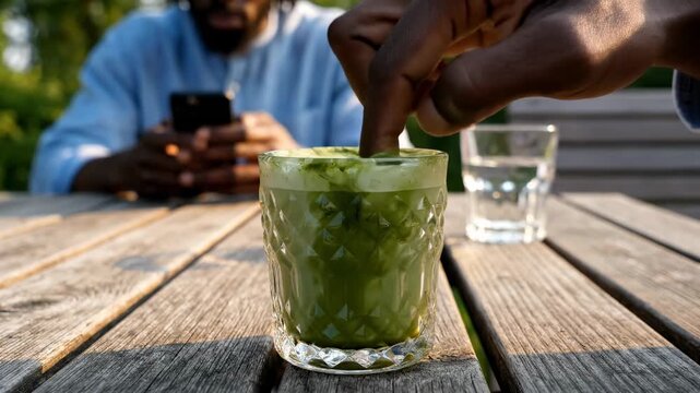 Refreshing Iced Matcha Latte in a textured glass on a wooden outdoor table with a person using a phone in the background, ideal for cafe promotions or healthy lifestyle content.