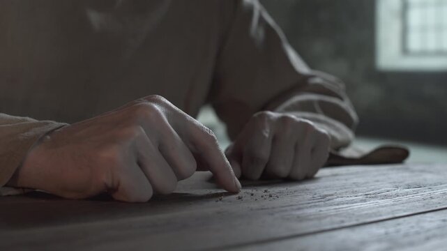 Hands of medieval prisoner slowly gathering dry breadcrumbs into a pile on a rustic wooden table inside a gloomy jail cell