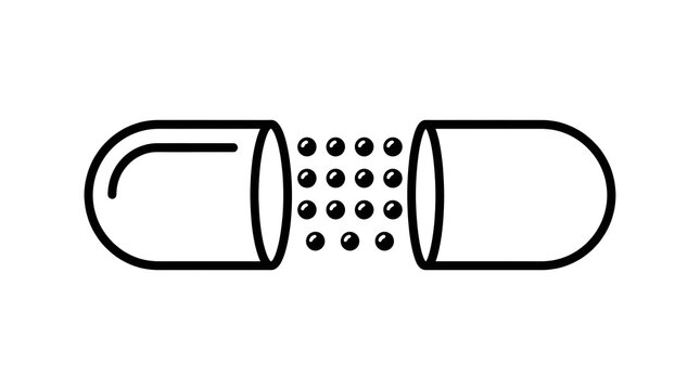 Open medical capsule pill line icon with small granules vector illustration