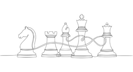 Chess Pieces Line Art Drawing: Knight, Rook, Bishop, King, Queen - Strategy Concept © Mam