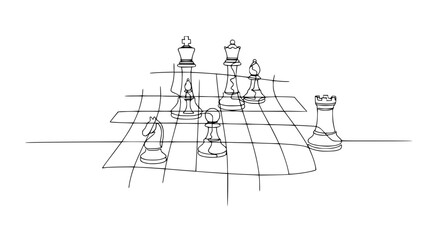 Strategic Chess Game - Black and White Line Drawing © Mam