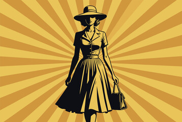 Obraz premium Silhouette of elegant woman in vintage dress and wide brimmed hat carrying handbag walks against bright yellow sunburst background.
