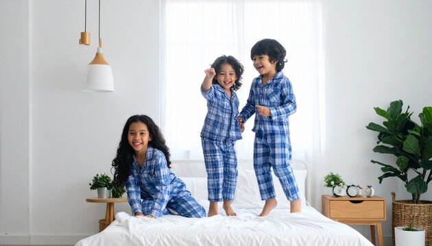 Kids jumping on a bed happily