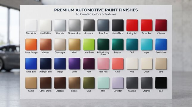 Premium automotive paint finishes and car color palette swatches with automotive