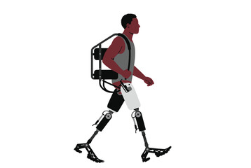 Fototapeta premium Black man wearing tank top and shorts walks using advanced robotic exoskeleton and prosthetic legs on white background.