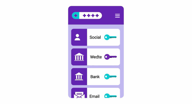 Password Manager Mobile App Interface Illustration, Digital Security Vault UI for Social, Bank, and Email Login Credentials