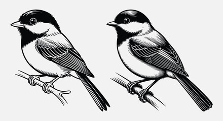 Chickadee Bird Vector Illustration Set, Black Capped Chickadee Vector Bundle, Black and White Songbird Illustration © magic390