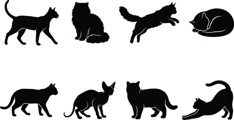 Obraz premium Domestic cat silhouettes vector set featuring different breeds in various poses like walking jumping sleeping and stretching