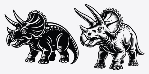 Triceratops Dinosaur Vector Illustration, Triceratops Dinosaur Sharp Horns and Frill Ideal, Black and White Triceratops Dinosaur Illustration © magic390